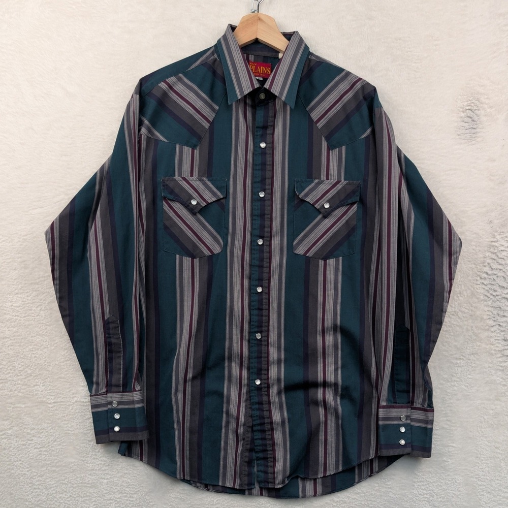 VTG Ely Plains Button-Down Shirt Men's L Teal Striped Western Pearl Snap 90s